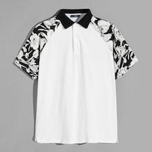 Romwe Guys Botanical Raglan Sleeve Buttoned Polo Shirt