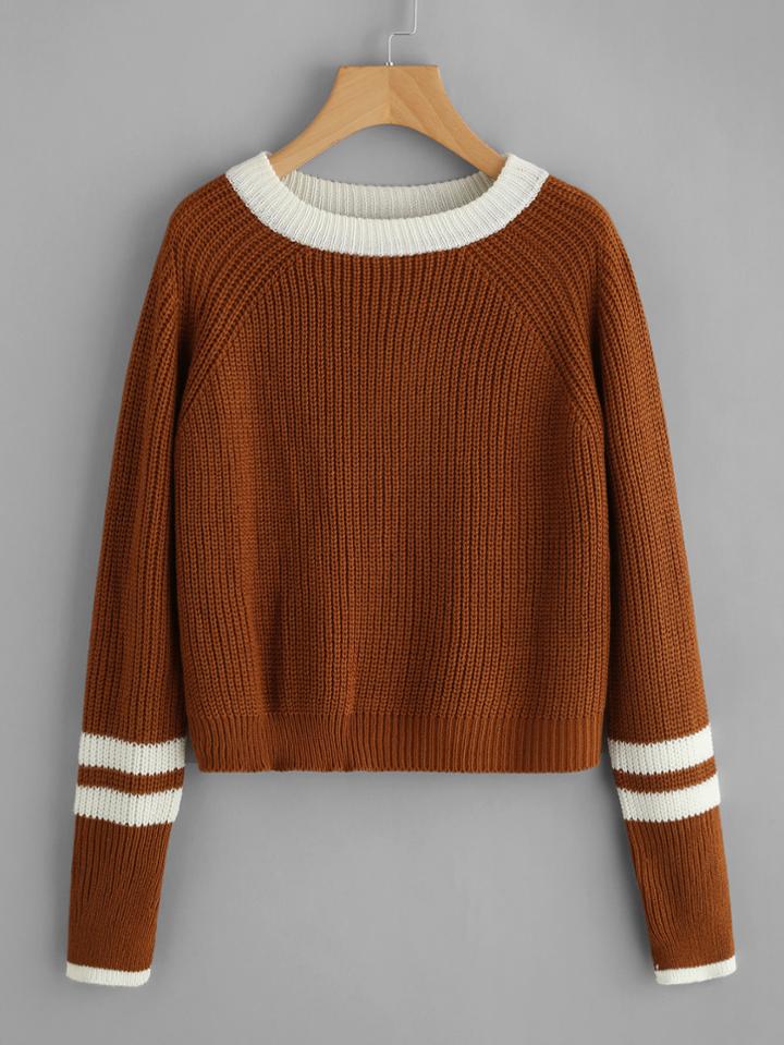 Romwe Striped Contrast Trim Cable Sweater