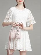 Romwe White Contrast Gauze Belted A-line Lace Dress