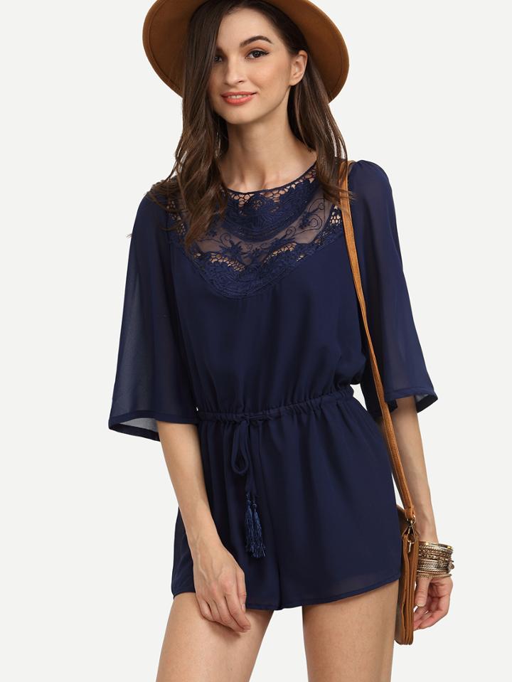 Romwe Navy Crochet Insert V Back Drawstring Romper