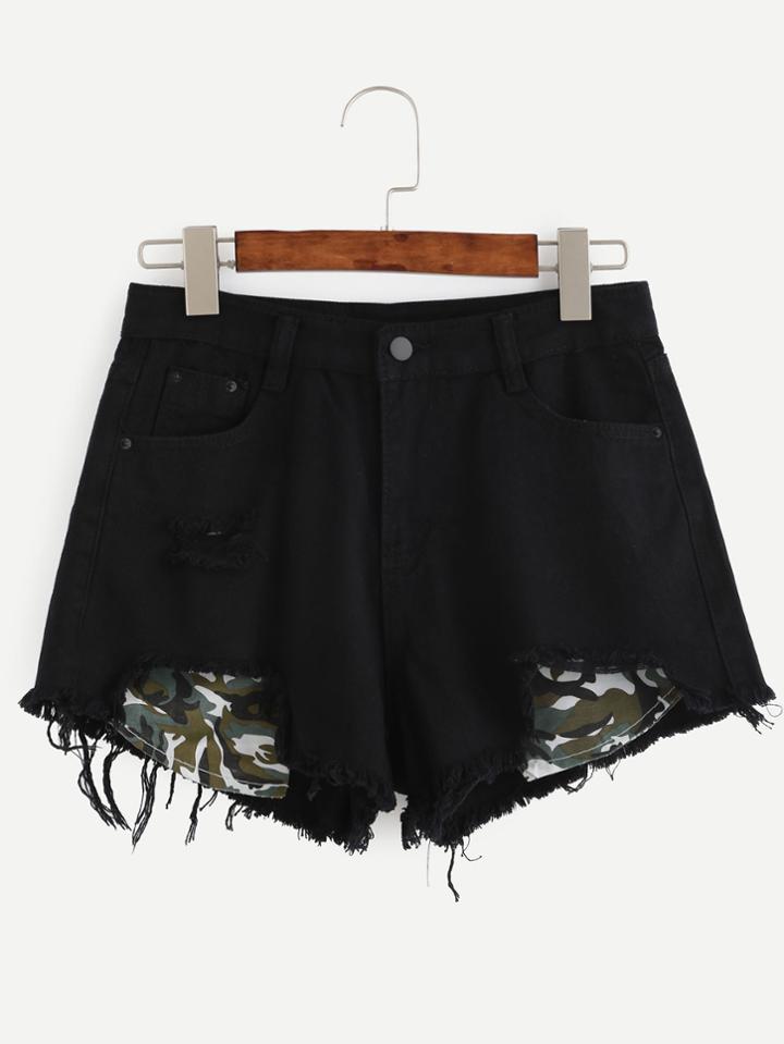 Romwe Black Raw Hem Denim Shorts With Camo Stick Out Pockets