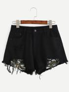 Romwe Black Raw Hem Denim Shorts With Camo Stick Out Pockets
