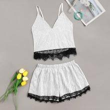 Romwe Eyelash Lace Striped Cami With Shorts