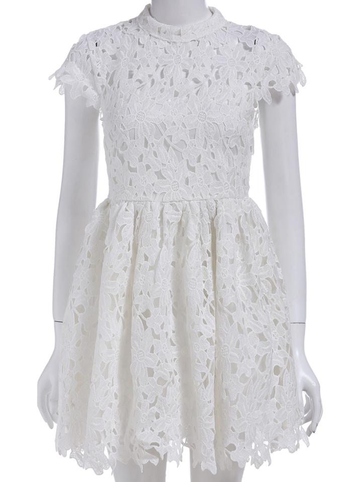 Romwe Stand Collar Open Back Lace Flare Dress