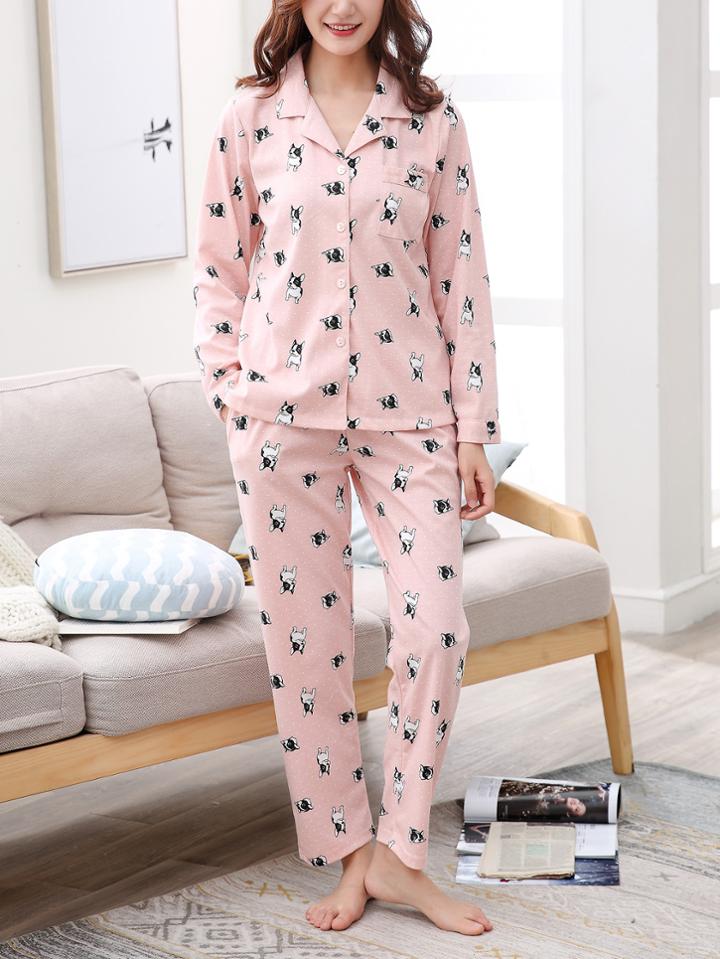 Romwe Dog Print Spot Shirt & Pants Pj Set