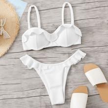 Romwe Ruffle Trim Thin Strap Top With High Cut Bikini Set