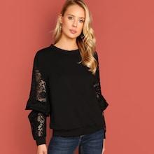 Romwe Ruffle Trim Lace Sleeve Sweatshirt