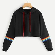 Romwe Striped Tape Sleeve Drawstring Hoodie