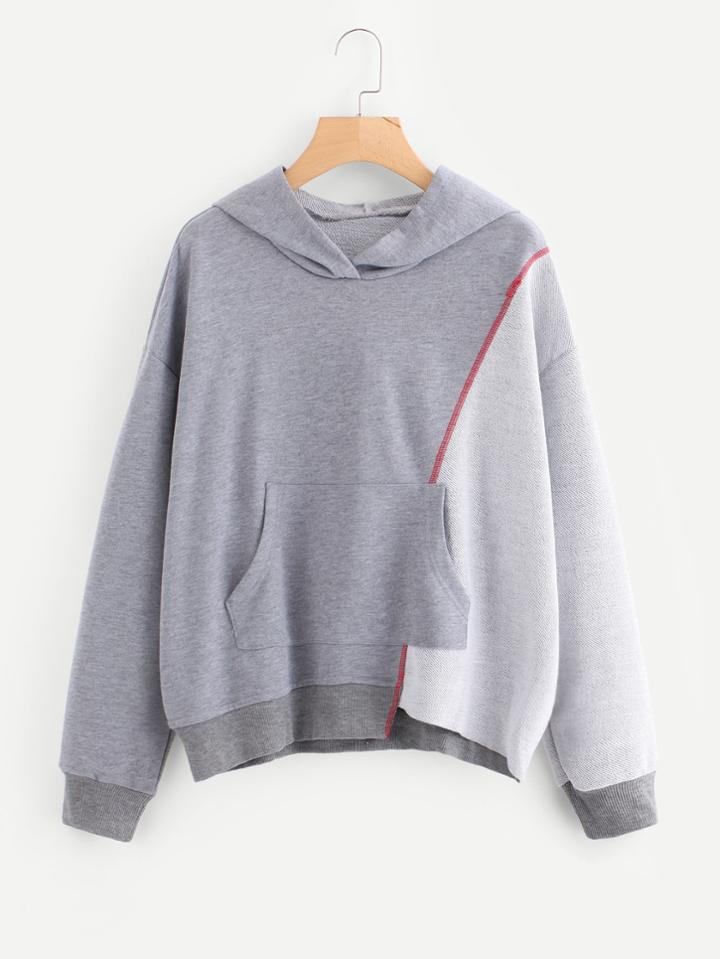 Romwe Contrast Panel Asymmetrical Hem Hoodie