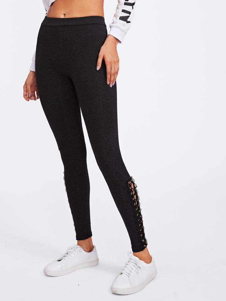 Romwe Eyelet Lace Up Side Skinny Leggings