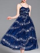 Romwe Navy Spaghetti Strap Backless Gauze Star Beading Dress