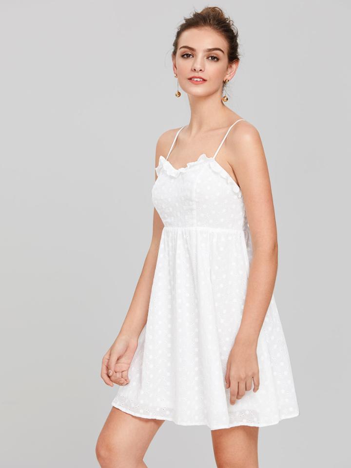 Romwe Frill Detail Eyelet Embroidered Cami Dress
