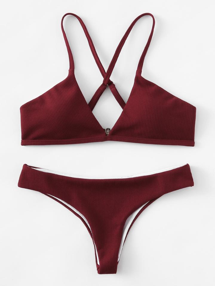 Romwe Cross Strap Ribbed Bikini Set