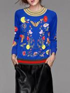 Romwe Blue Flowers Embroidered Sweater