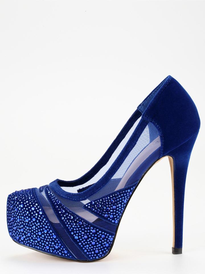 Romwe Blue Faux Suede Mesh Panel Platform Heels