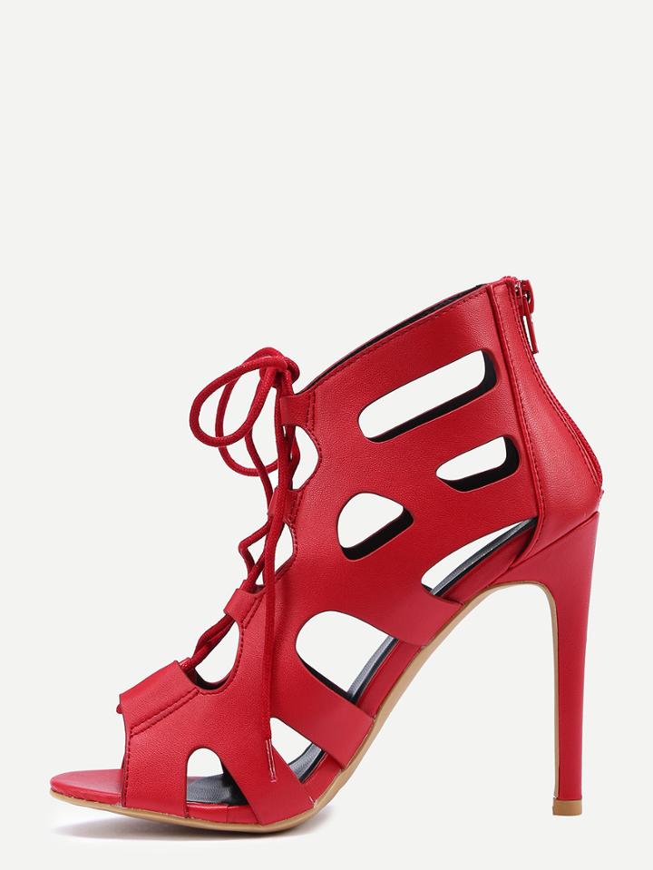 Romwe Laser Cut Peep Toe Lace-up Pumps - Red