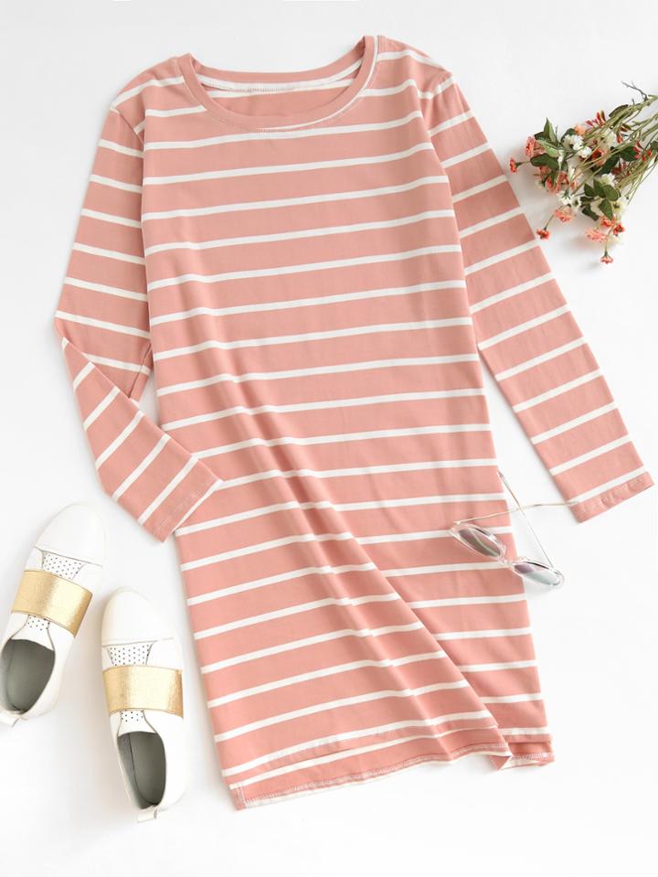 Romwe Striped Dip Hem Tee Dress