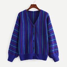 Romwe Bishop Sleeve Button Up Stripe Knit Coat