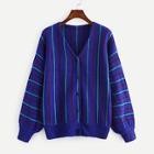 Romwe Bishop Sleeve Button Up Stripe Knit Coat
