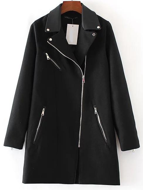Romwe Black Lapel Oblique Zipper Long Coat