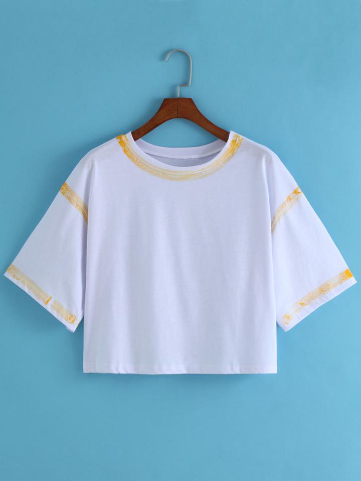 Romwe Yellow Striped-trim Crop T-shirt