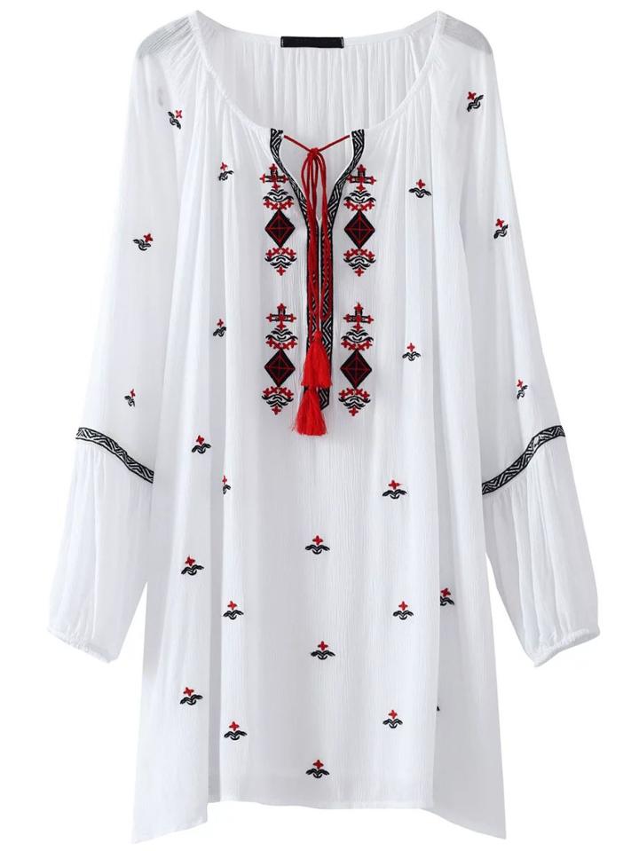 Romwe White Embroidery Lace Up Neck Fringe Shift Dress
