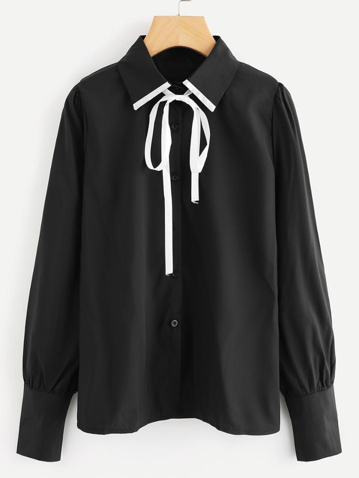 Romwe Single Breasted Tie Neck Shirt