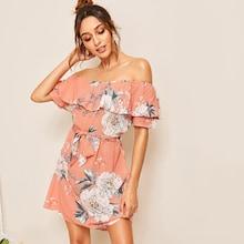 Romwe Floral Print Off The Shoulder Belted Dress