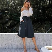 Romwe Button Through Dual Pocket Self Tie Paperbag Skirt