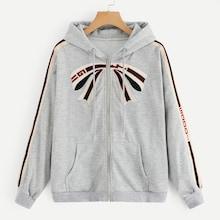 Romwe Tape Panel Drawstring Zip Up Hoodie