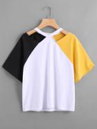 Romwe Color Block Cut Out Neck Tee