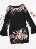 Romwe Fluted Sleeve Floral Print Zip Back Mini Dress