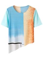 Romwe Multicolor Short Sleeve Asymmetrical Hem Print T-shirt