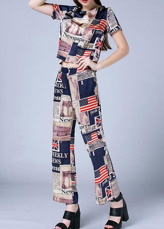 Romwe Short Sleeve Flag Print Top With Pant