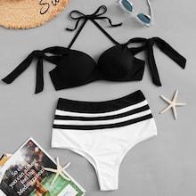 Romwe Halter Self Tie Top With Striped High Waist Bikini