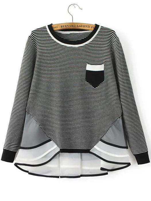 Romwe Grey Striped Contrast Hem Pocket Knitwear