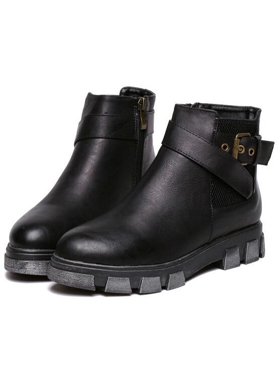 Romwe Black Round Toe Vintage Buckle Strap Zipper Boots
