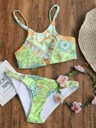Romwe Light Green Printed Cross Back Bikini Set