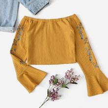 Romwe Floral Embroidery Flounce Sleeve Crop Blouse