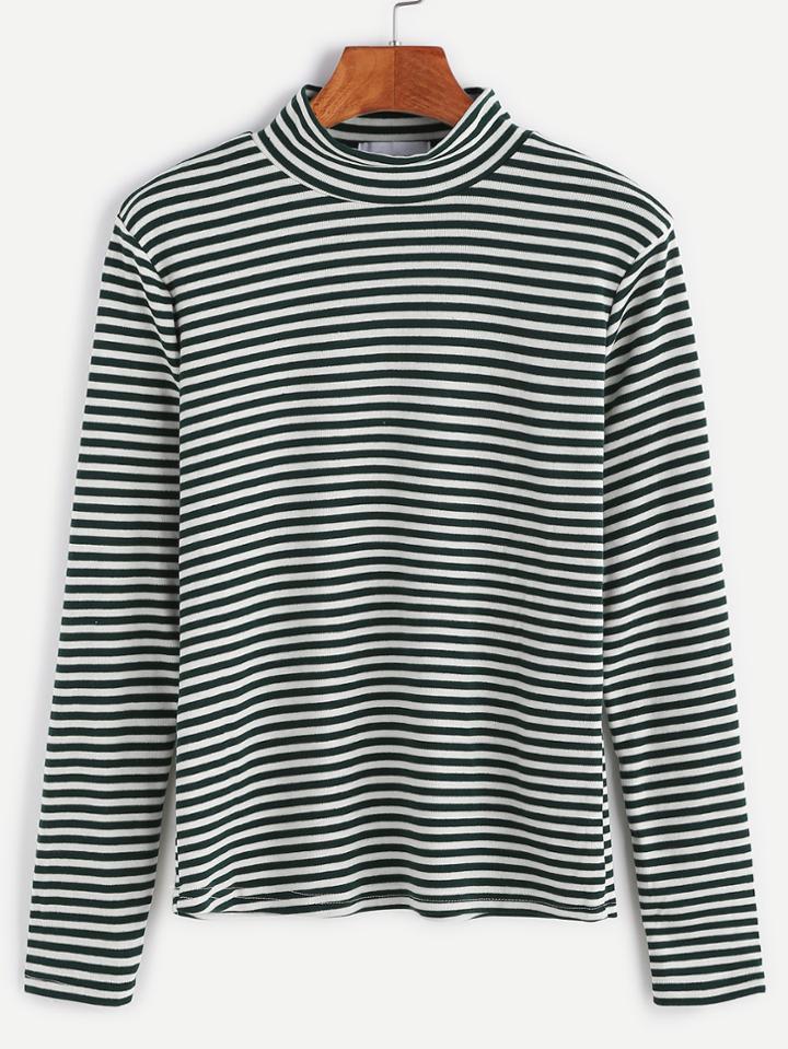Romwe Green High Neck Striped T-shirt