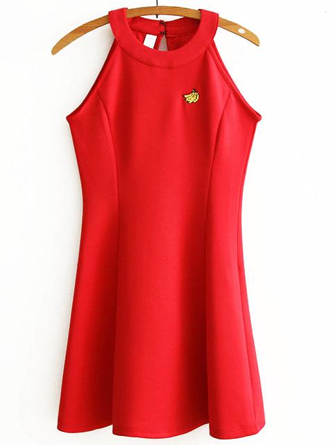 Romwe Red Embroidered Halter Sleeveless Dress