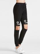 Romwe Black Cat Print Open Knee Sweatpants