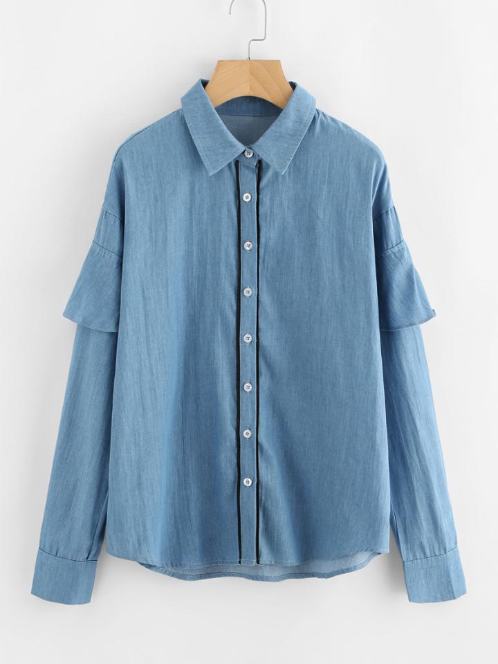 Romwe Dip Hem Ruffle Sleeve Single Breasted Shirt