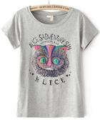 Romwe Owl Letters Print Grey T-shirt