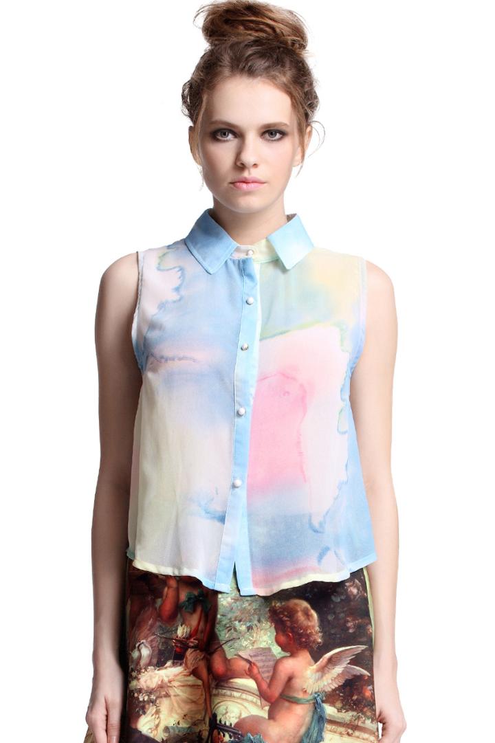 Romwe Abstract Drawing Print Blue Blouse