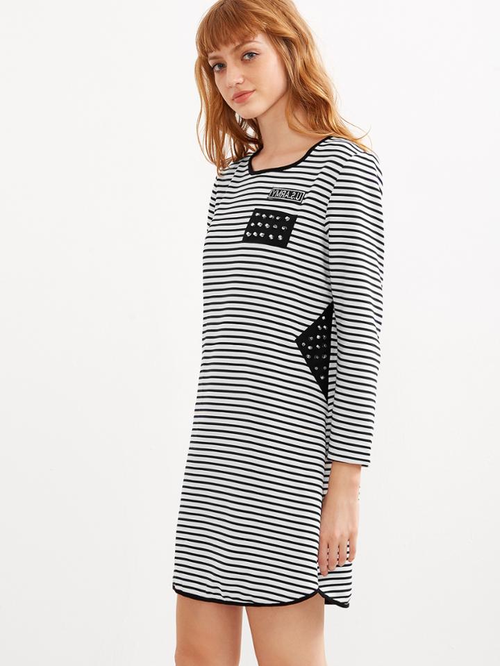 Romwe Black White Striped Embroidered Patch Contrast Studded Tee Dress