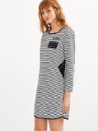 Romwe Black White Striped Embroidered Patch Contrast Studded Tee Dress