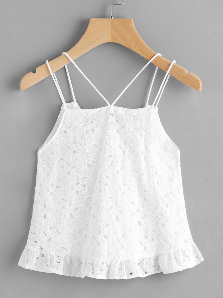 Romwe Strappy Detail Frill Hem Lace Cami Top