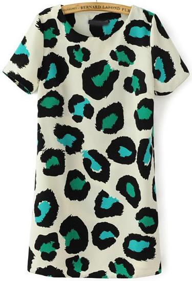 Romwe Green Short Sleeve Leopard Straight Dress