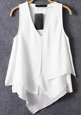 Romwe White V Neck Asymmetrical Ruffle Chiffon Cami Top